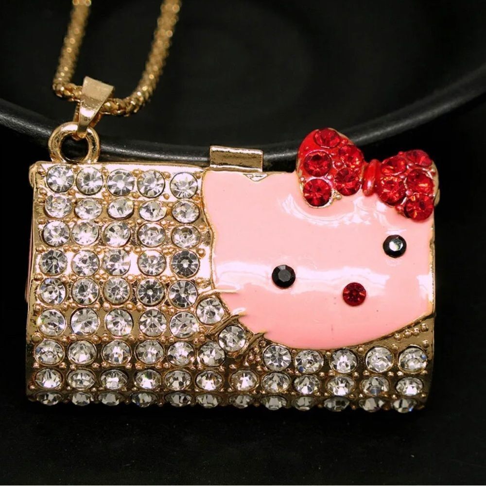Pink Rhinestone Lovely Bow Kitten Cat Wallet Pendant Necklace NWOT